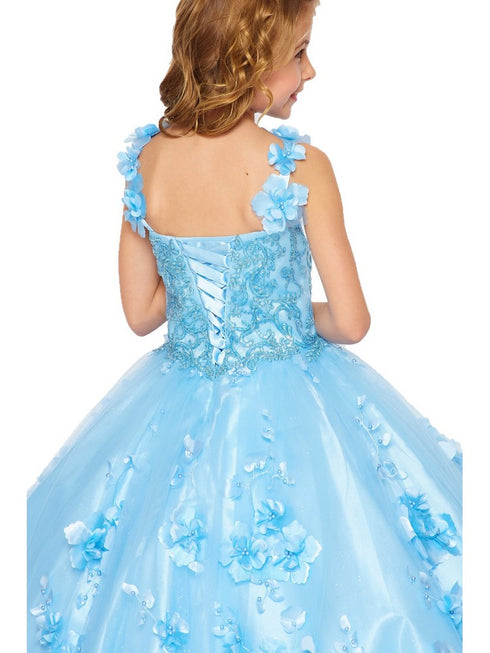 Bliss Big Girls Blue 3D Stone Pearl Sweetheart Floral Cape Ball Gown 8-16 - SophiasStyle.com
